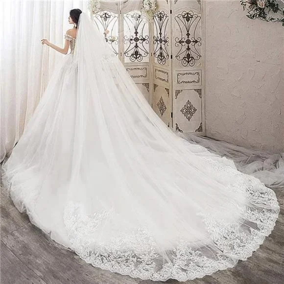 Wedding Veils Cathedral Length 2 Tier Long Sequins Lace Edge Blusher with Comb